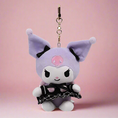 A collection of plush keychains featuring various Sanrio characters, including figures from the My Melody series and other related characters, dressed in colorful, pastel-colored outfits.
