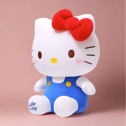 Plush toy resembling a character with a red bow and blue polka dot outfit on a white background, featuring the Sanrio logo.