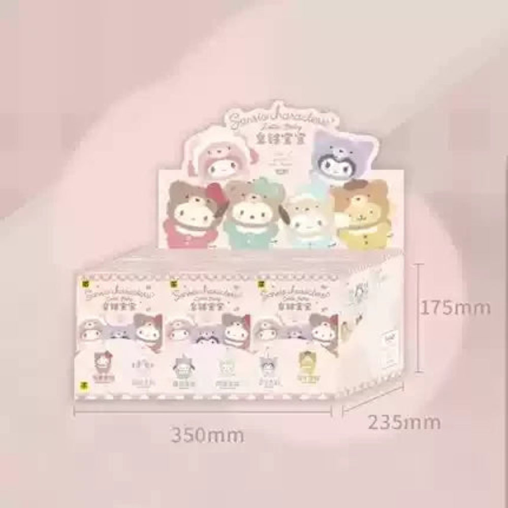 A collection of plush toys from the Sanrio Characters 'Velvet Plush Latte Baby' Series, featuring a bear character in various outfits and poses.