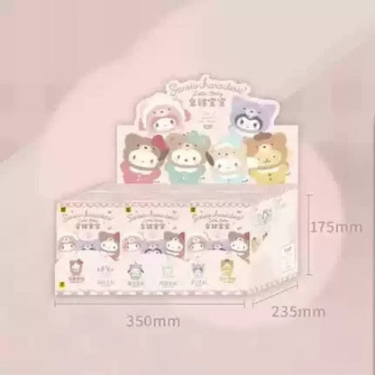 A collection of plush toys from the Sanrio Characters 'Velvet Plush Latte Baby' Series, featuring a bear character in various outfits and poses.