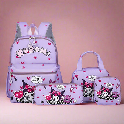 Purple backpack set with cartoon character design on a white background