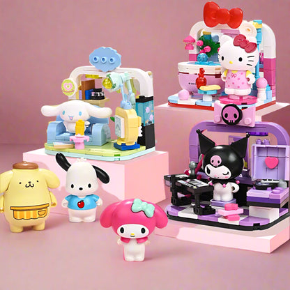 A collection of Sanrio character themed building blocks, featuring figures of Hello Kitty and other similar characters from the Sanrio universe.