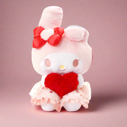 A collection of soft plushie toys featuring characters from Sanrio's Lovely Hearts series. The plushies are shown with heart-shaped accessories and are dressed in pink and white colors.